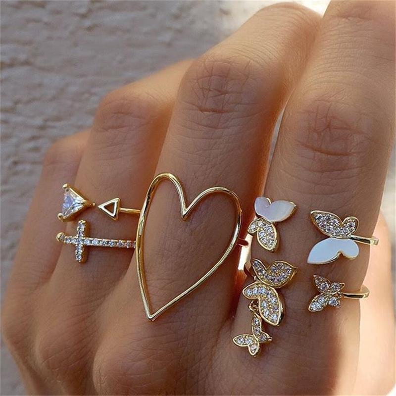 Diamond Butterfly Retro Pentagram Gold Plated Ring Set - 5 Pieces, Multiple Designs