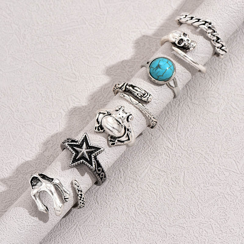 Retro Geometric Turquoise Frog Star Ring Set - 7 Pieces Zinc Alloy Rings