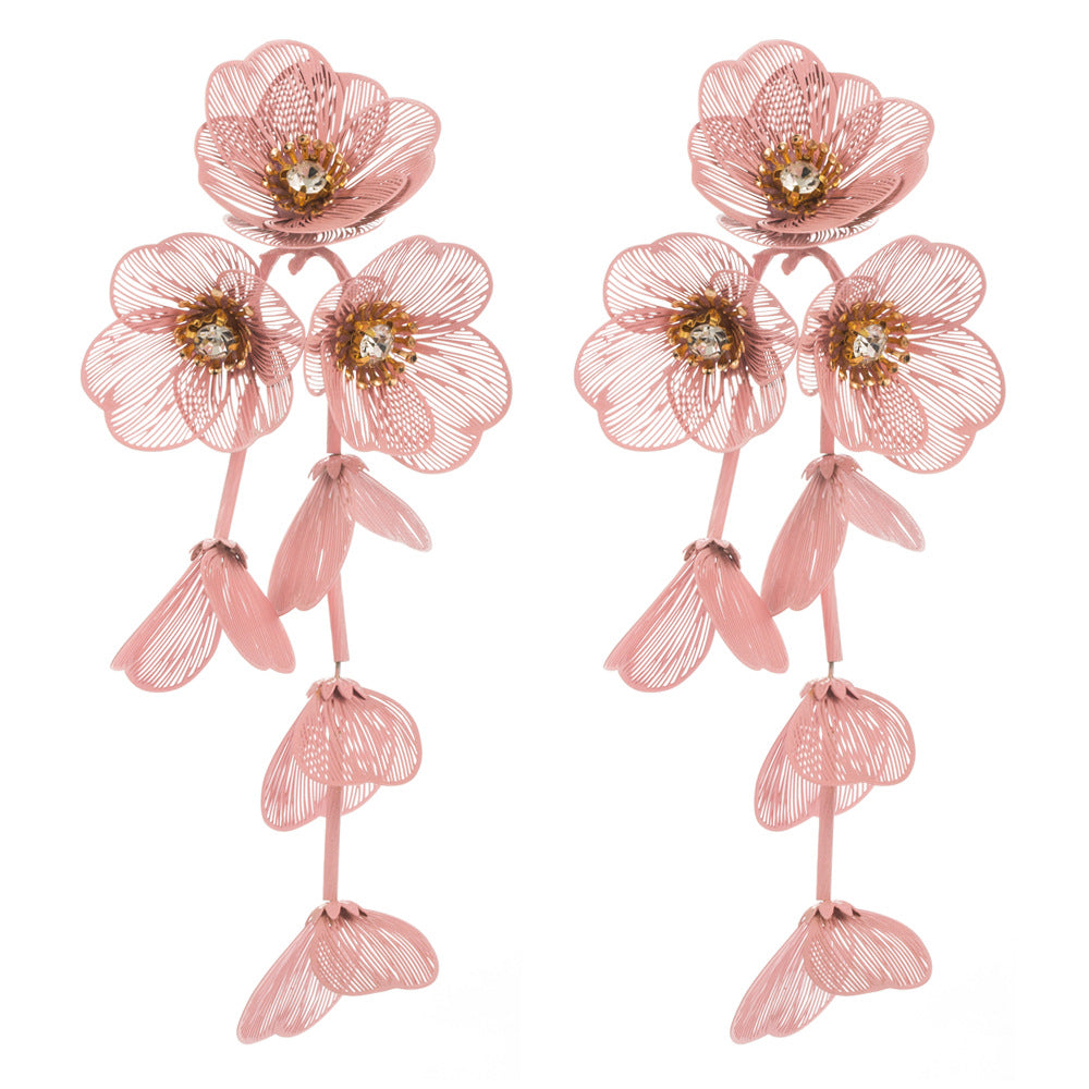 1 Pair Casual Elegant Vacation Flower Inlay Alloy Rhinestones Silver Plated Layered Drop Earrings