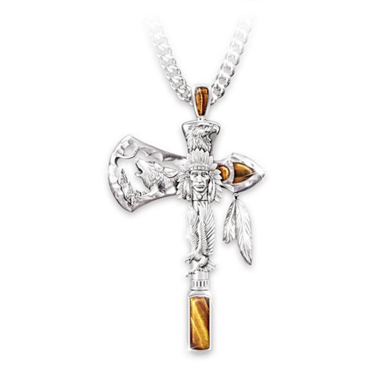 Fashion Cross Alloy Pendant Necklace with Eagle and Wolf Head Engraving