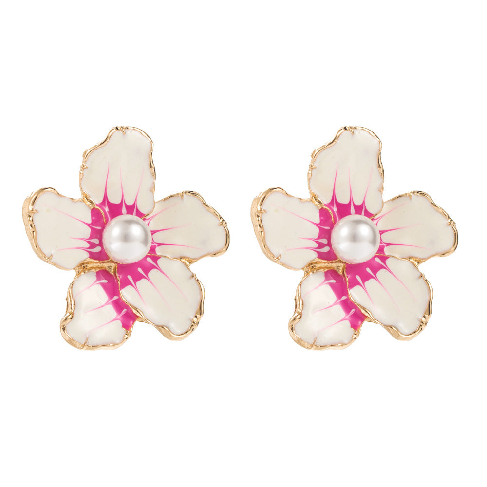 1 Pair Elegant Flower Enamel Alloy Pearl Stud Earrings