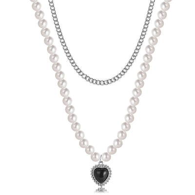 Creative Multi-layer Black Heart Pearl Chain Alloy Necklace