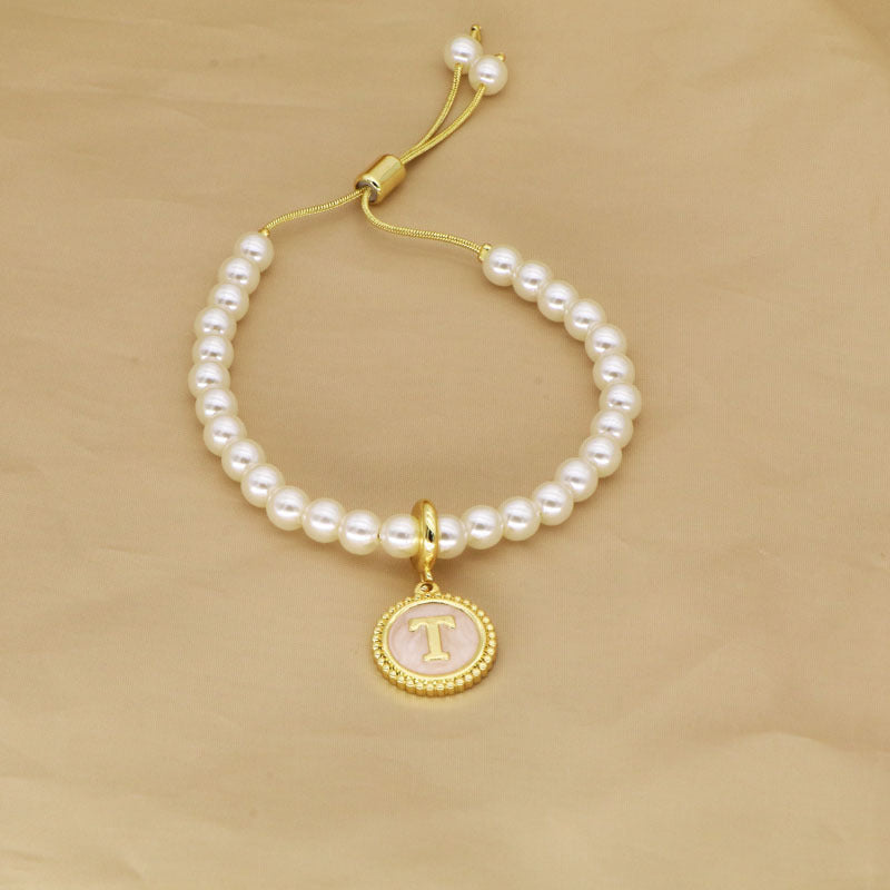 18K Gold Plated Adjustable Letter Pendant Imitation Pearl Bracelet