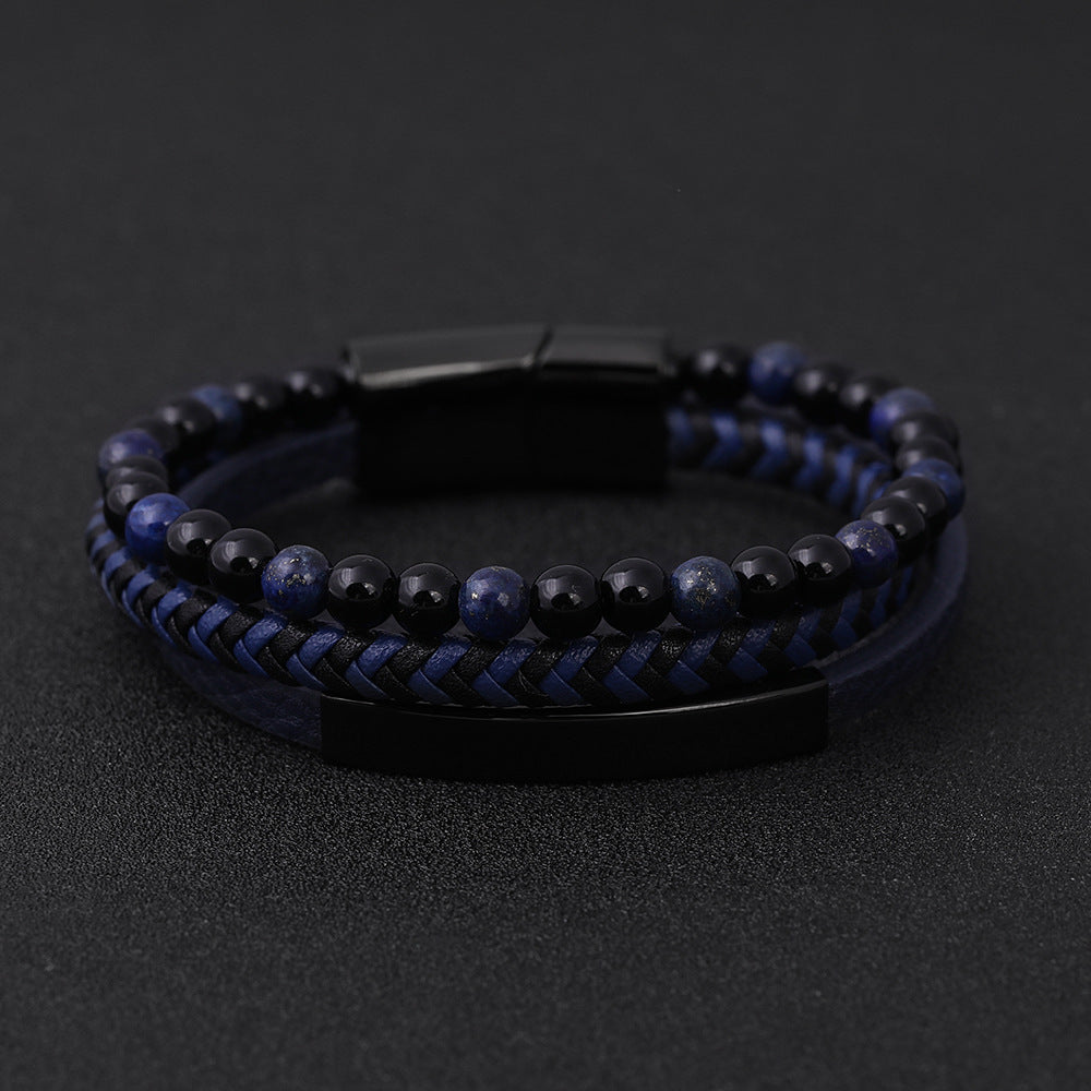 Geometric Titanium Steel Lapis Lazuli and Lava Stone Men's Bracelet