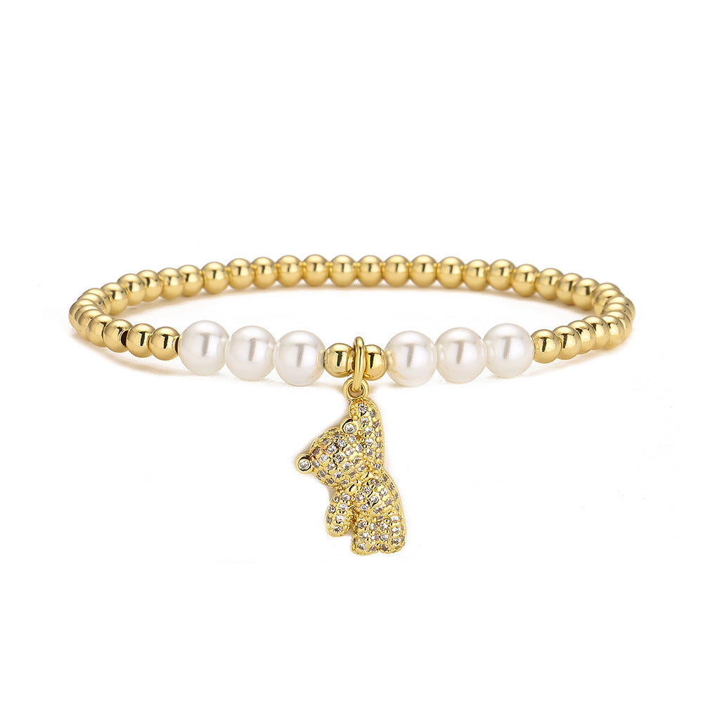 Astronaut Bear Gold Plated Copper Bracelet with Pearl and Zircon Beads