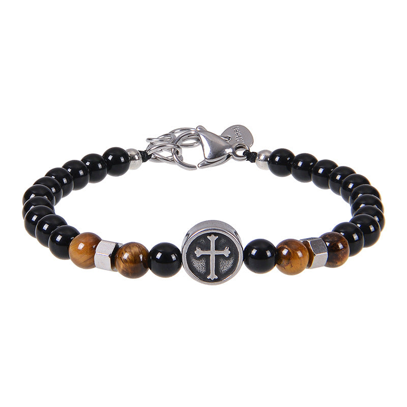 Retro Cross Stainless Steel & Obsidian Beaded Men's Bracelet