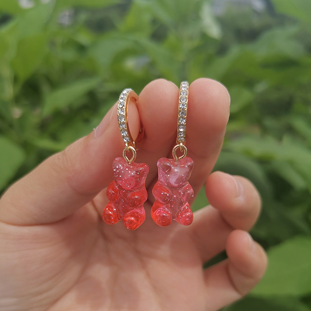 Resin Mini Color Gradient Bear Pendant Earrings