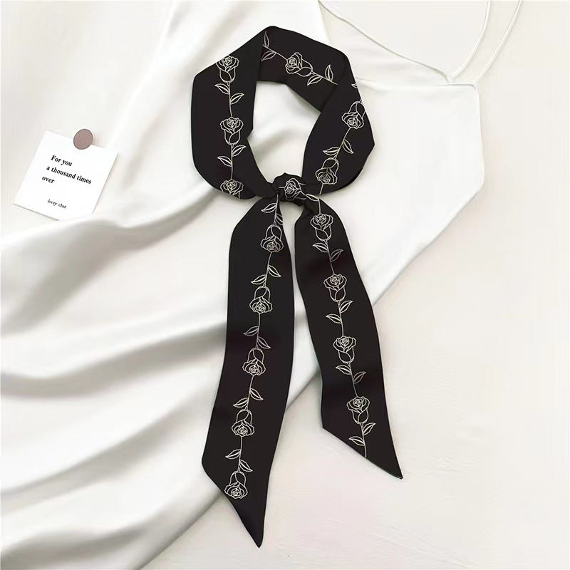 Women's Elegant Rose Print Silk Scarf and Houndstooth Floral Hair Ribbon