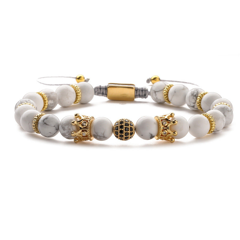 Retro Roman Geometric Howlite & Tiger Eye Beaded Bracelet with Zircon Accents