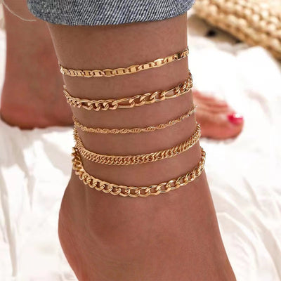 Ethnic Geometric Alloy Anklet Set - Vintage Chain Design (5 Pieces)