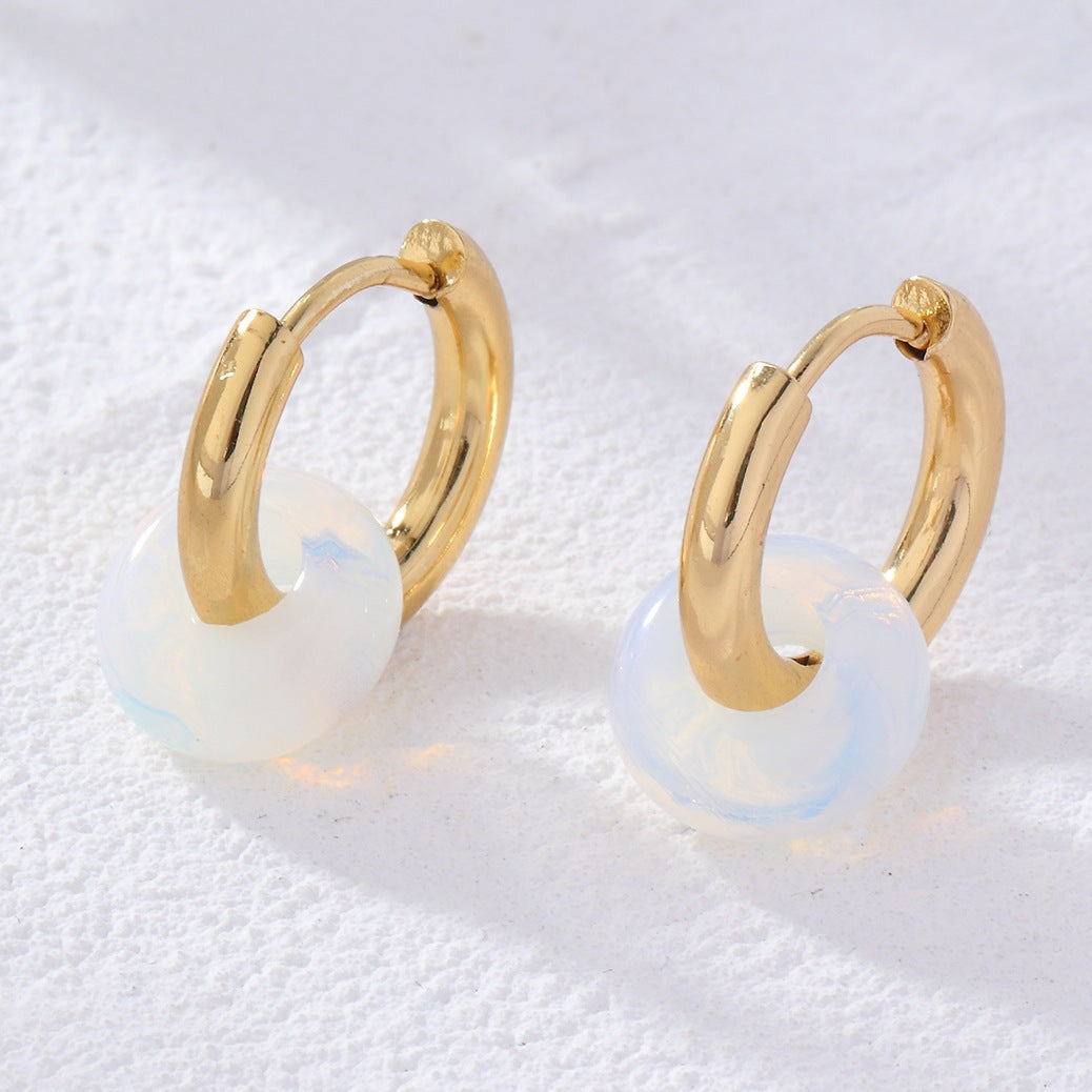 Retro Round Plating Stainless Steel Natural Stone Hoop Earrings