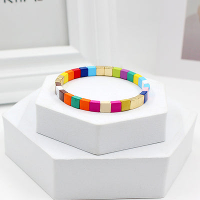 Colorful Square Alloy Enamel Beaded Women's Bohemian Stretch Bracelet