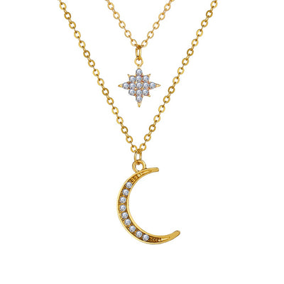 Fashion Rhinestone Moon Star Pendant Layered Alloy Necklace