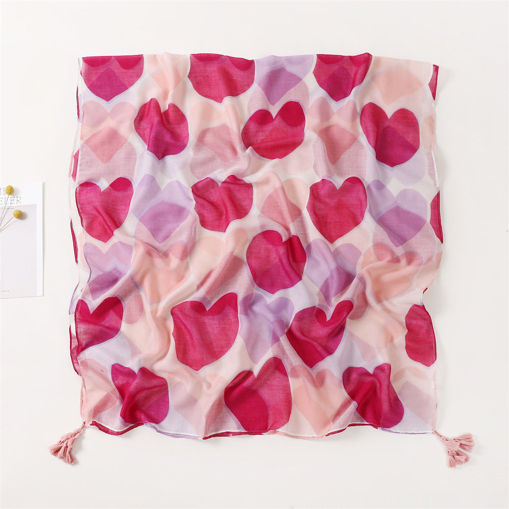 Women's Elegant Ink Painting Heart Print Cotton Linen Tassel Scarf Shawl