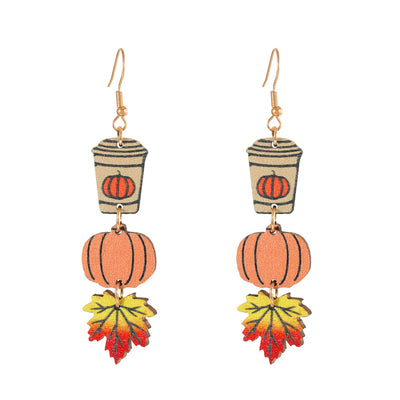 Halloween Pumpkin Ghost Wood Drop Earrings - Creative Hollow Design