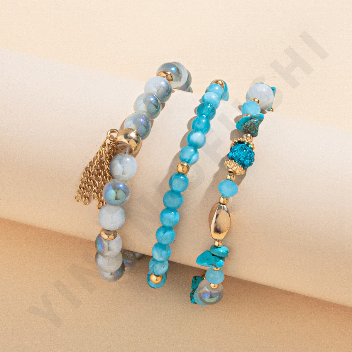 Simple Classic Round Crystal Beaded Alloy Resin Bracelet Set