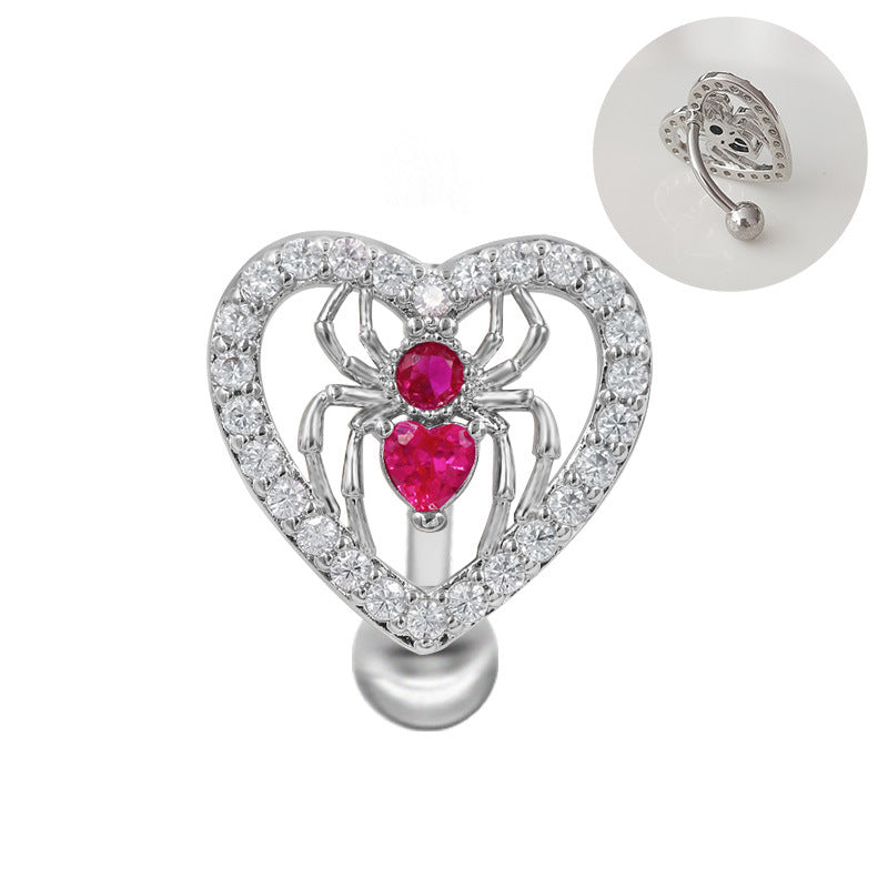 Heart Shape Winged Spider Belly Ring with Rhinestone Inlay - Gold & Silver Plated