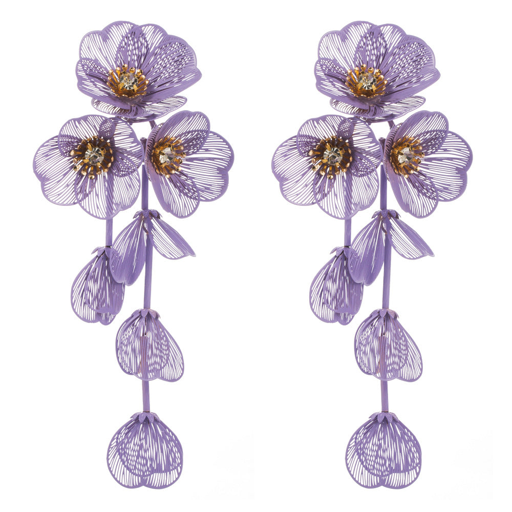 1 Pair Casual Elegant Vacation Flower Inlay Alloy Rhinestones Silver Plated Layered Drop Earrings