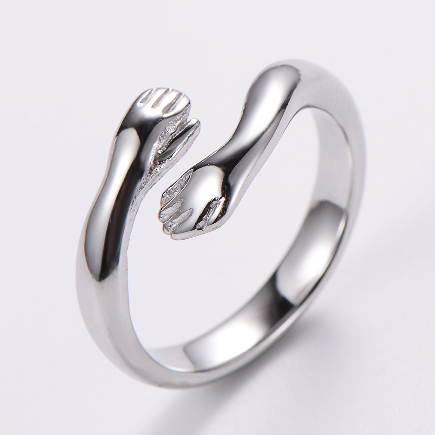 Fashion Hand Embrace Zircon Open Ring - Stainless Steel Bow Knot Design