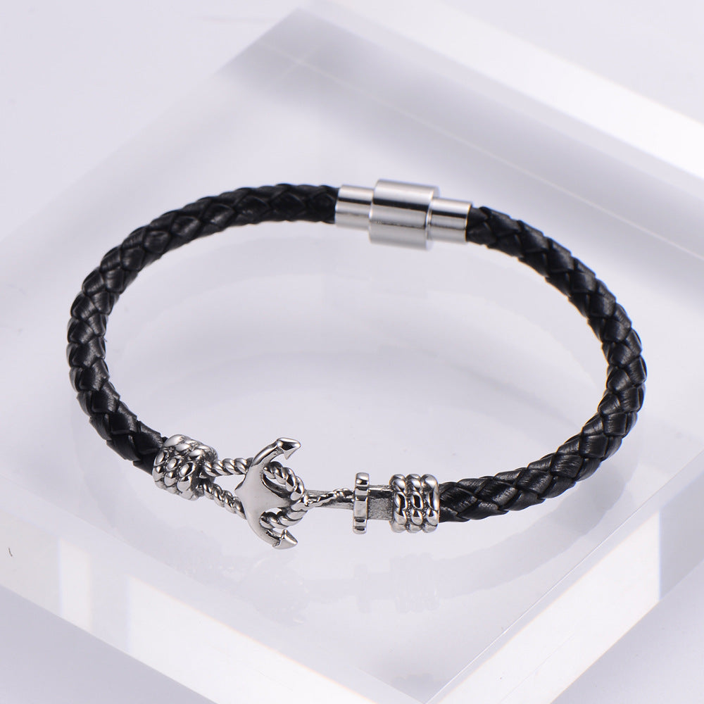 Hawaiian Anchor Leather Men's Bracelet with Stainless Steel Magnet Clasp