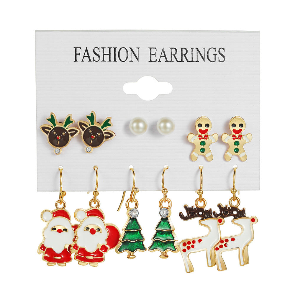 6 Pairs Ethnic Style Cartoon Character Christmas Tree Enamel Alloy Earrings