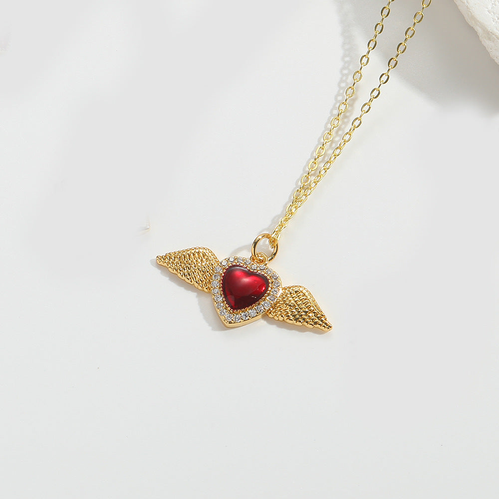 14K Gold Plated Enamel Heart Wings Zircon Pendant Necklace