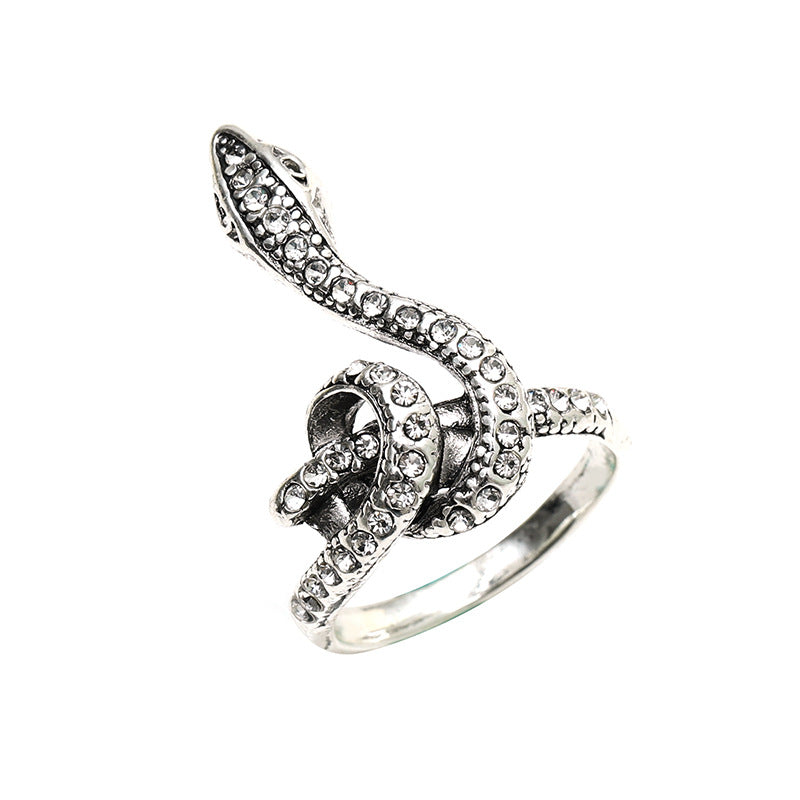 European Retro Carved Snake Ring in Ancient Silver for Women