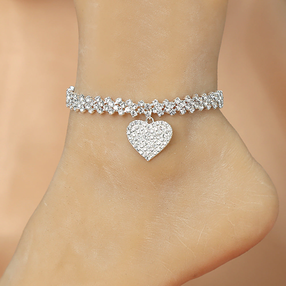 Heart Shape Rhinestone Pendant Anklet - Fashion Beach Jewelry