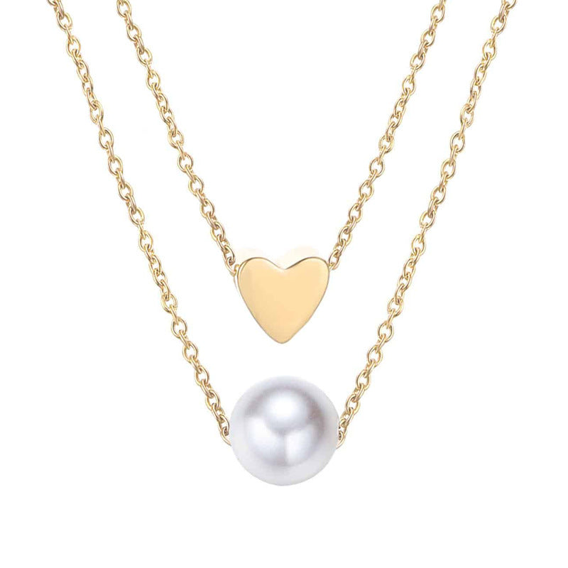 Sweet Heart Shape Stainless Steel Beaded Layered Necklaces Pearl Stainless Steel Necklaces 1 Piece
