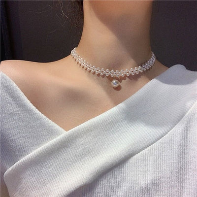 Fashion Retro Pearl Braided Choker Necklace Alloy Clavicle Chain