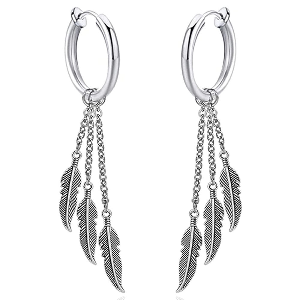 Simple Feather Titanium Steel Tassel Chain Drop Earrings for Men