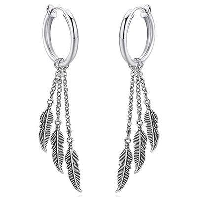 Simple Feather Titanium Steel Tassel Chain Drop Earrings for Men