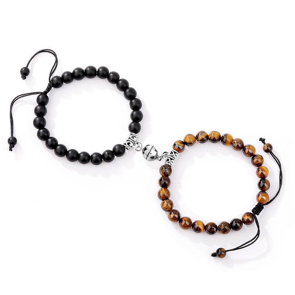 Fashion Round Stainless Steel Natural Tiger Eye Stone Magnetic Couple Bracelets