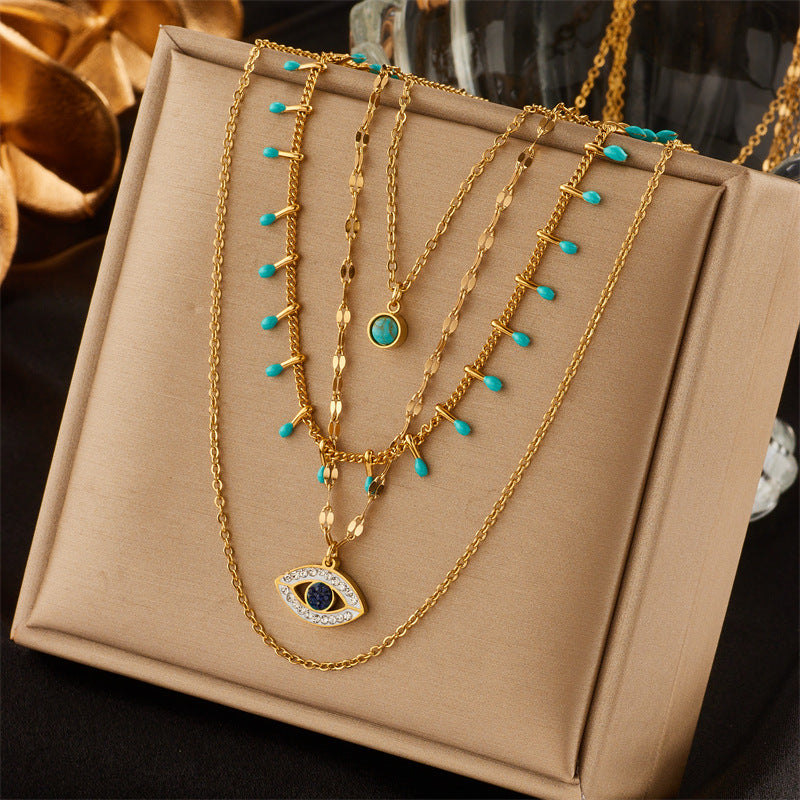 Retro Modern Style Eye Titanium Steel Plating Hollow Out Inlay Turquoise Zircon 18K Gold Plated Layered Necklaces