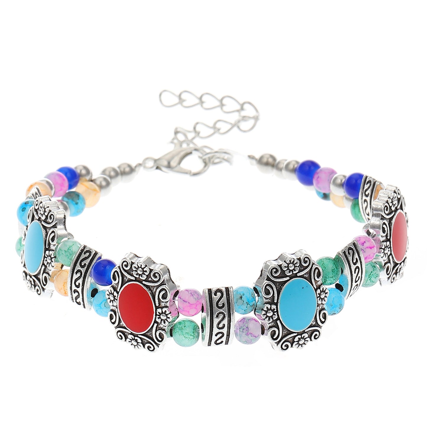 Retro Ethnic Geometric Turquoise Carved Chain Bracelet for Women