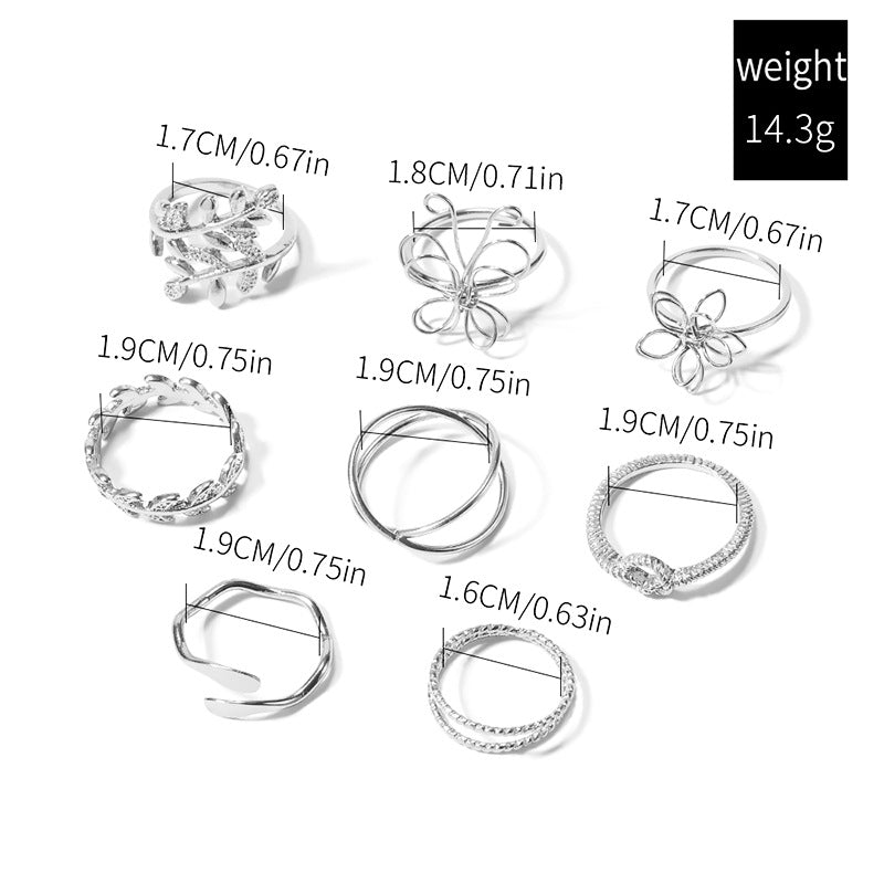 Butterfly Leaf Alloy Ring Set - 18K Gold Floral Stackable Rings for Women (8 Pieces)