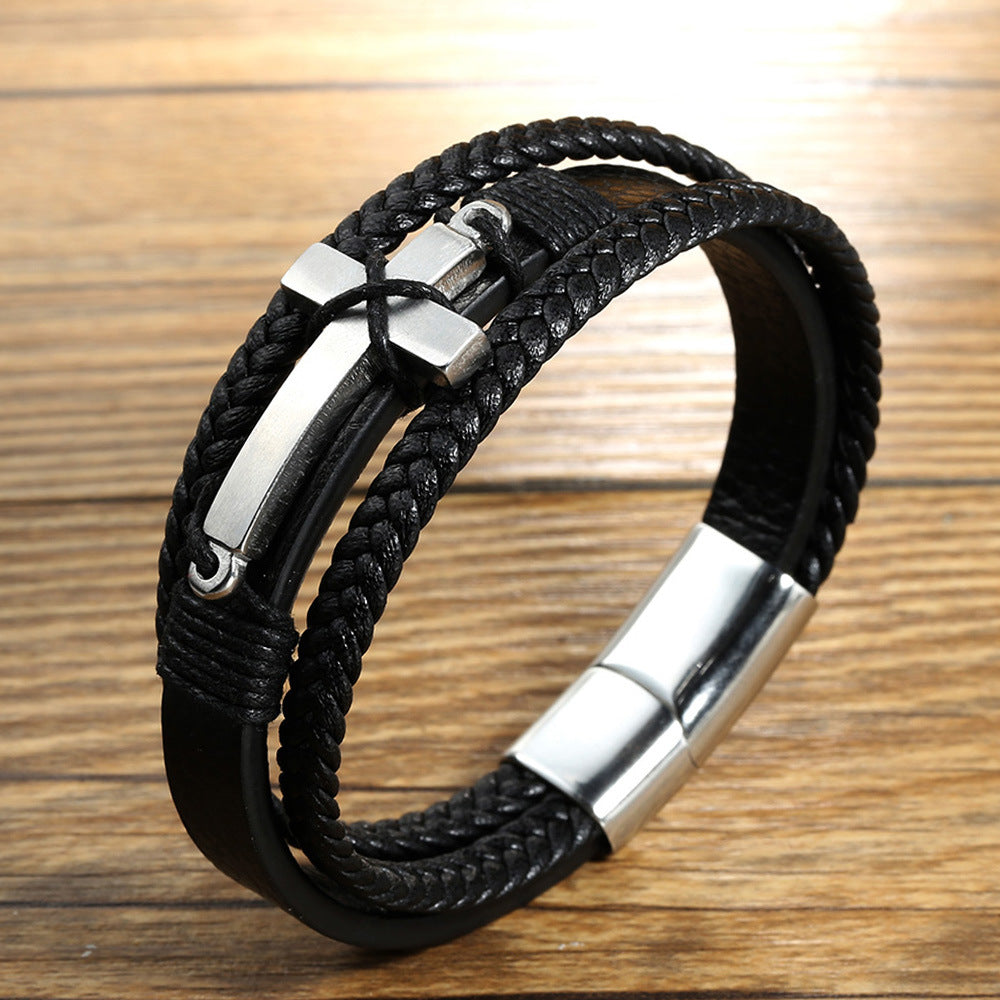 IG Style Retro Cross Stainless Steel Braided Leather Magnetic Clasp Men's Bracelet