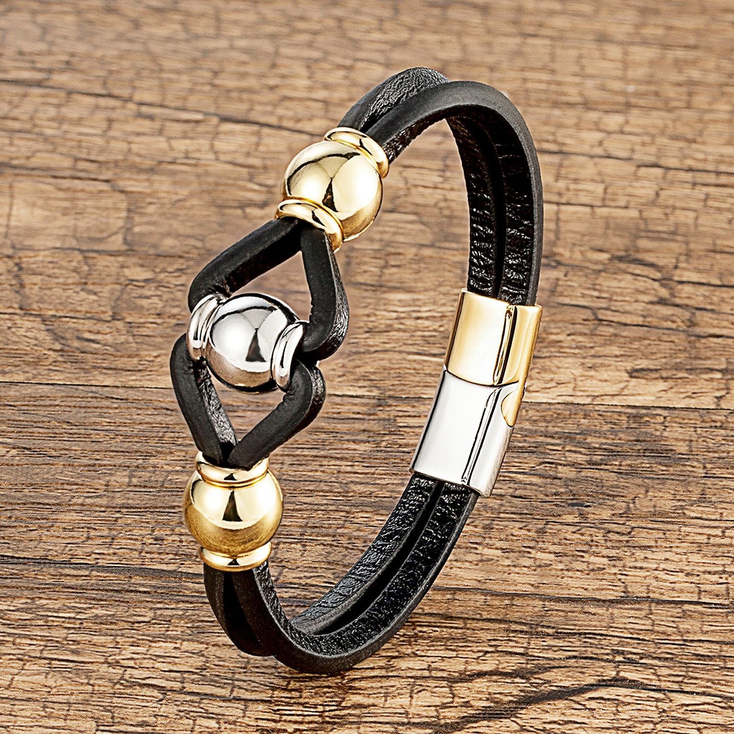 Modern Semicircle Metal Layered Leather Men's Bracelet