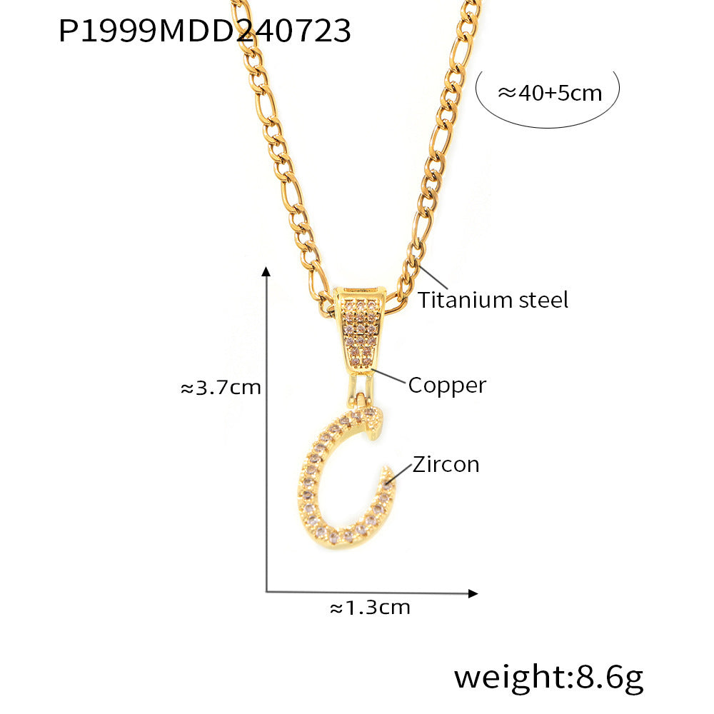 18K Gold Plated Titanium Steel Cursive Letter Pendant Necklace with Zircon Accents