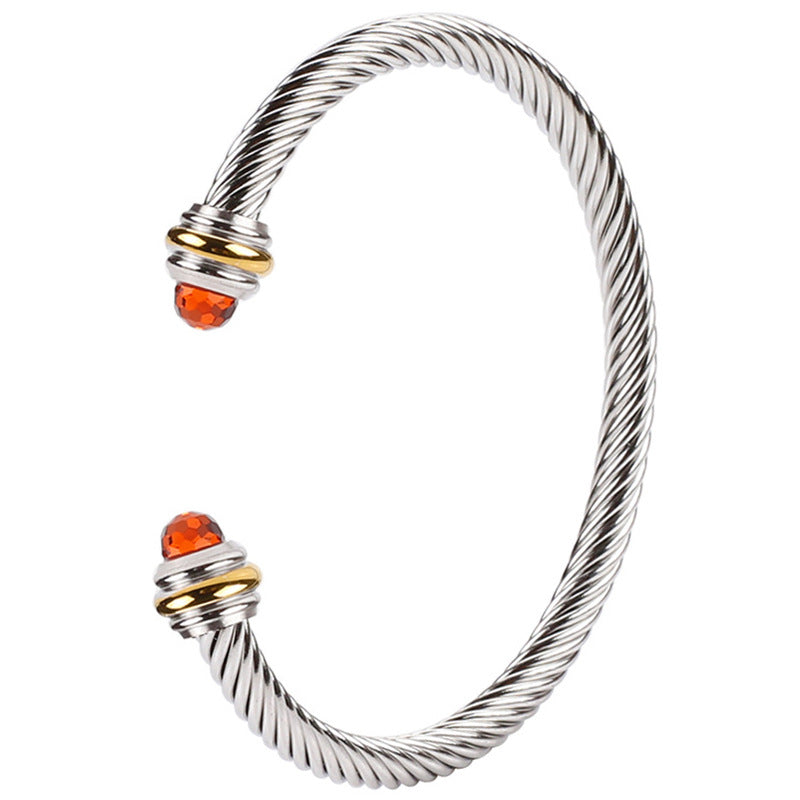 Simple C Shape Stainless Steel Adjustable Cable Bangle with Artificial Crystal Turquoise