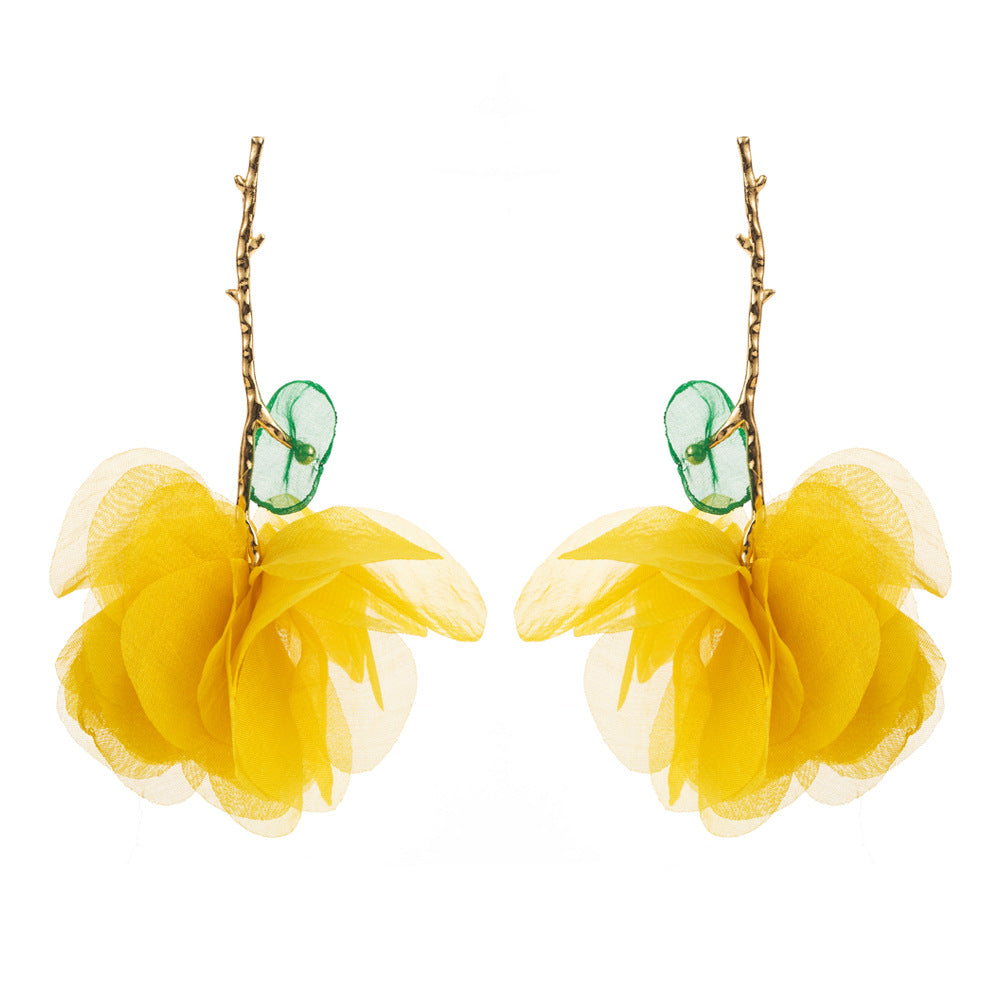 Elegant Tropical Flower Tassel Drop Earrings - Gold Plated Alloy Design