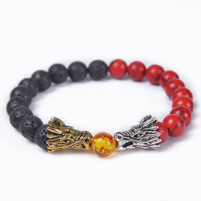 Classic Round Natural Stone Beaded Bracelet with Dragon Head and Matte Tiger Eye Beads