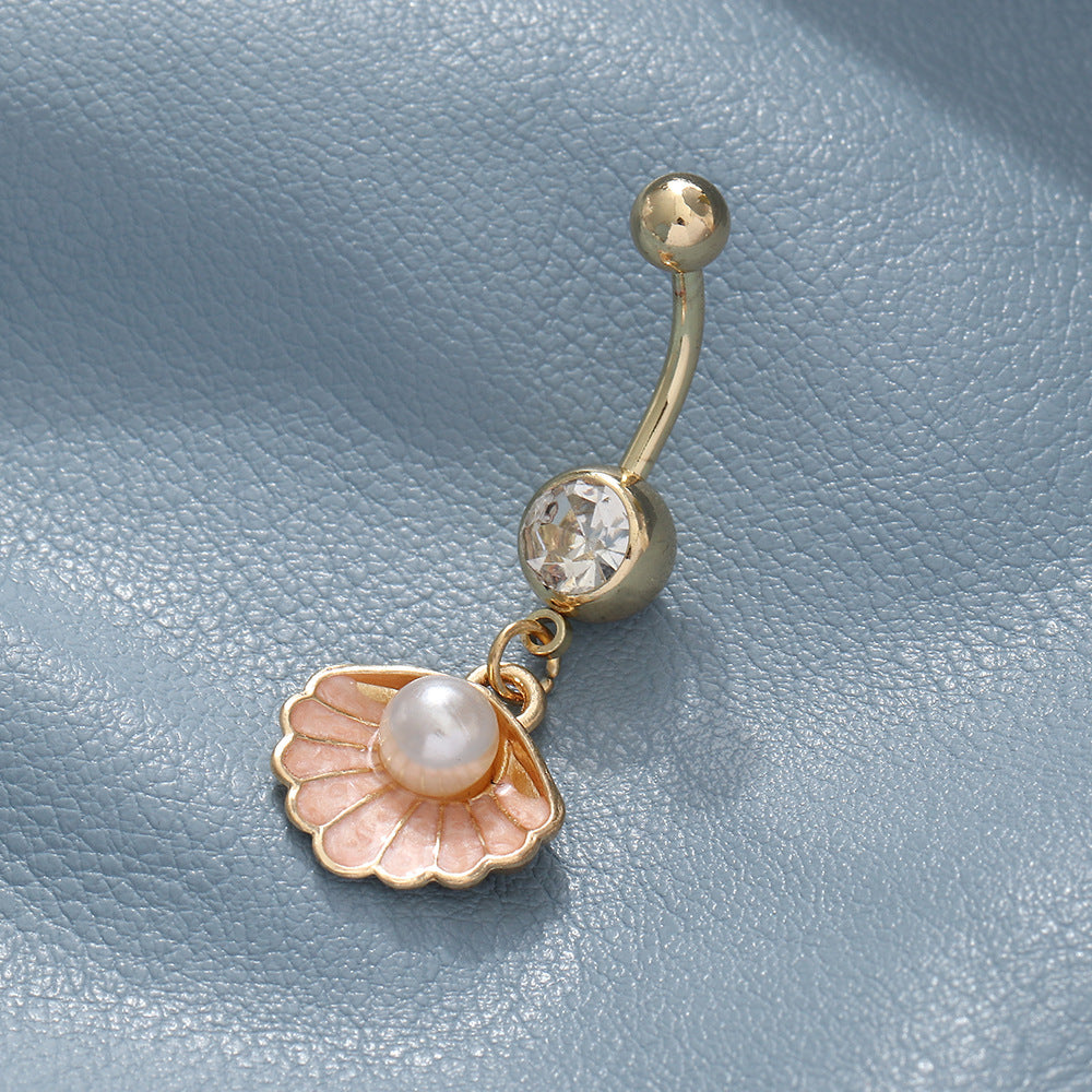 Simple Shell Scallop Pearl Belly Ring with Zirconia Inlay