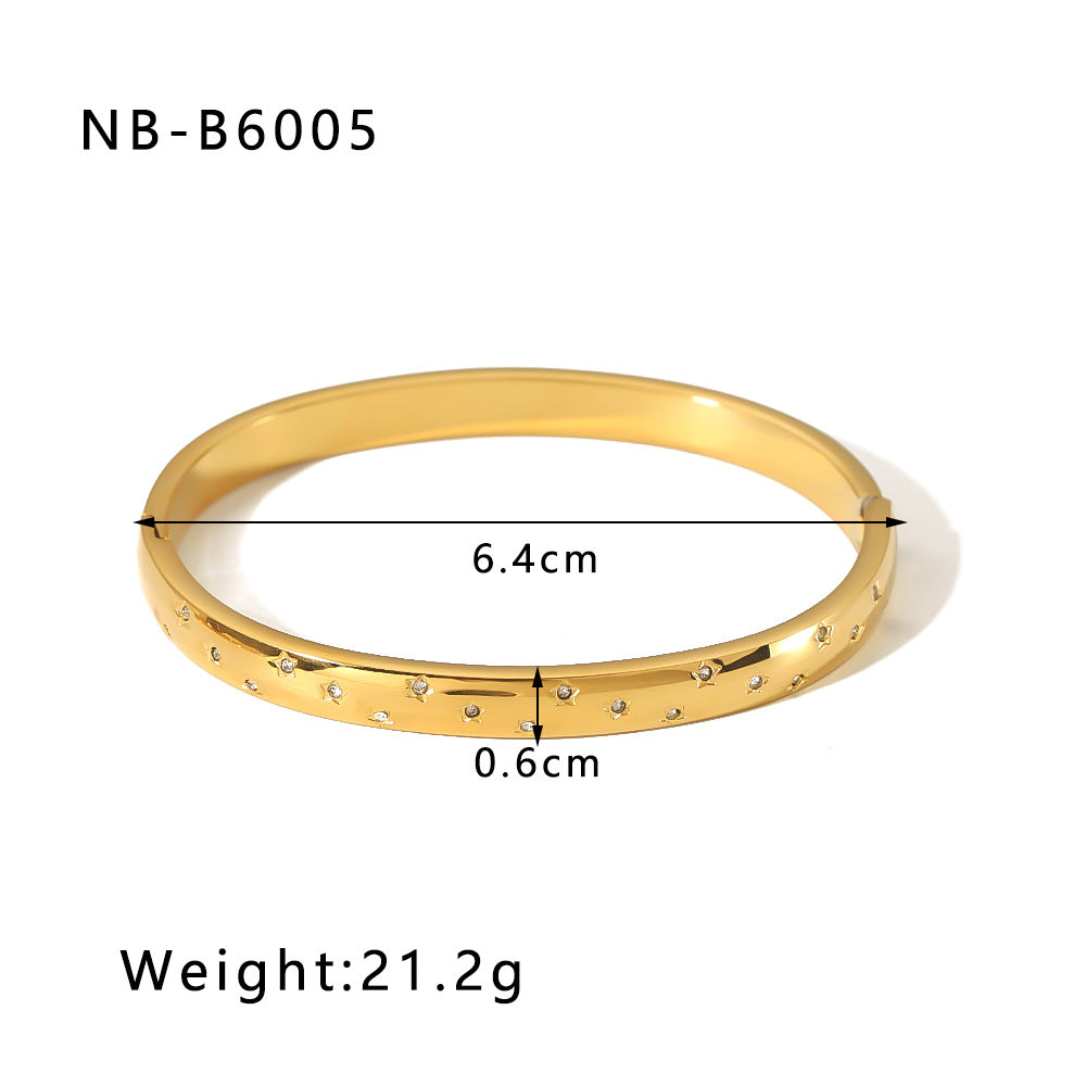 18K Gold Plated Geometric Zircon Bangle with Roman Numerals and Star Design