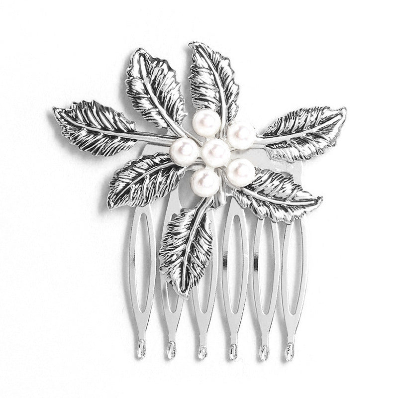 Retro Diamond Pearl Leaf Hair Comb Clip