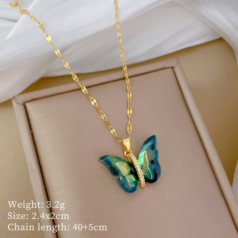 Simple Butterfly Zircon Pendant Necklace in Titanium Steel and Copper Plating