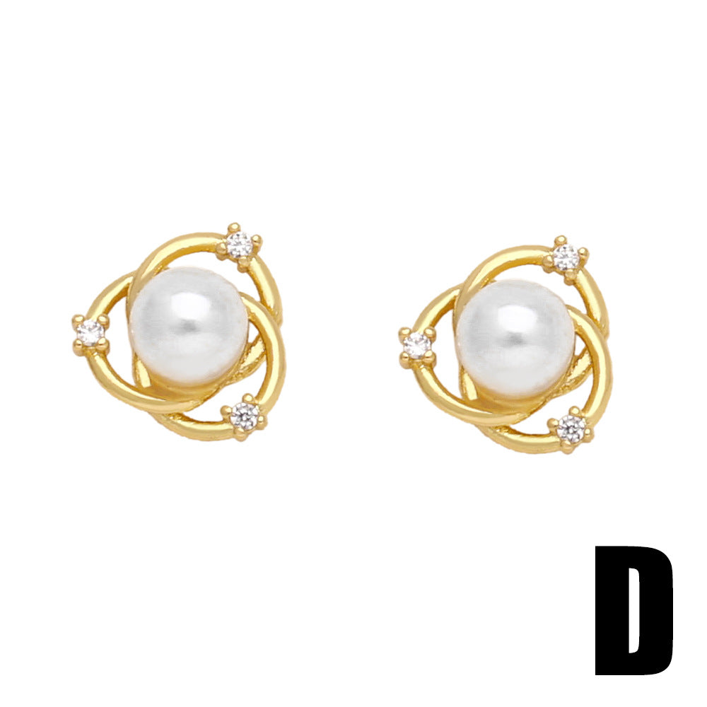 Modern Rabbit Flower Pearl Zircon 18K Gold Plated Stud Earrings