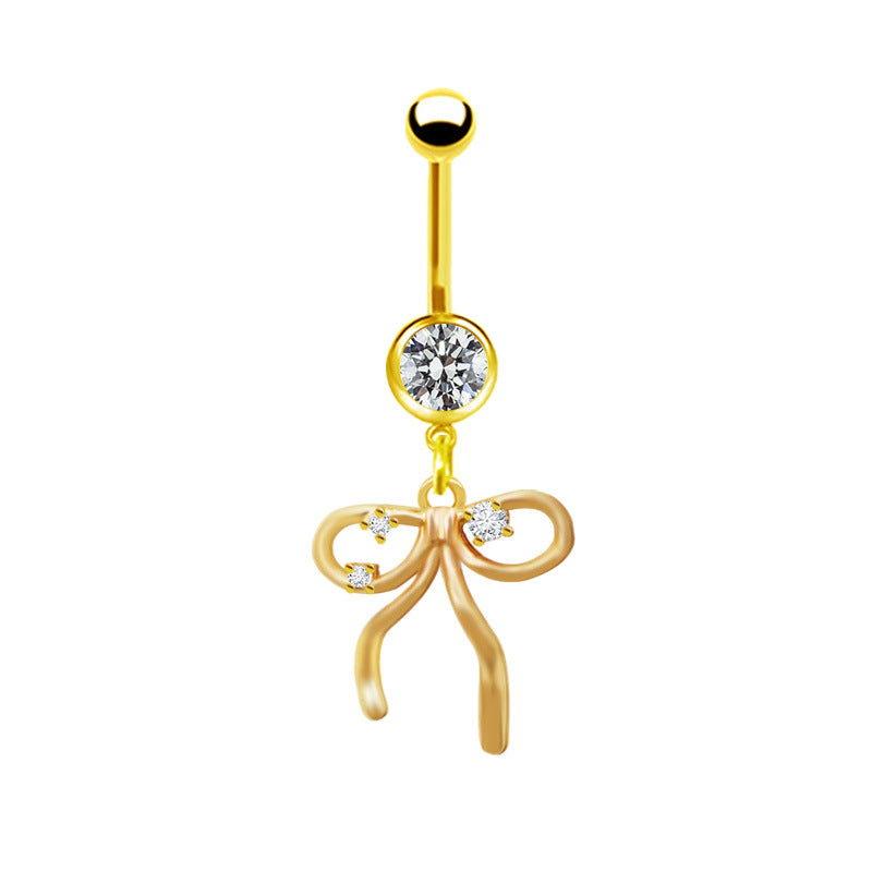 Elegant Bow Knot Belly Ring - 316 Stainless Steel with Rhinestones and Gold Plating