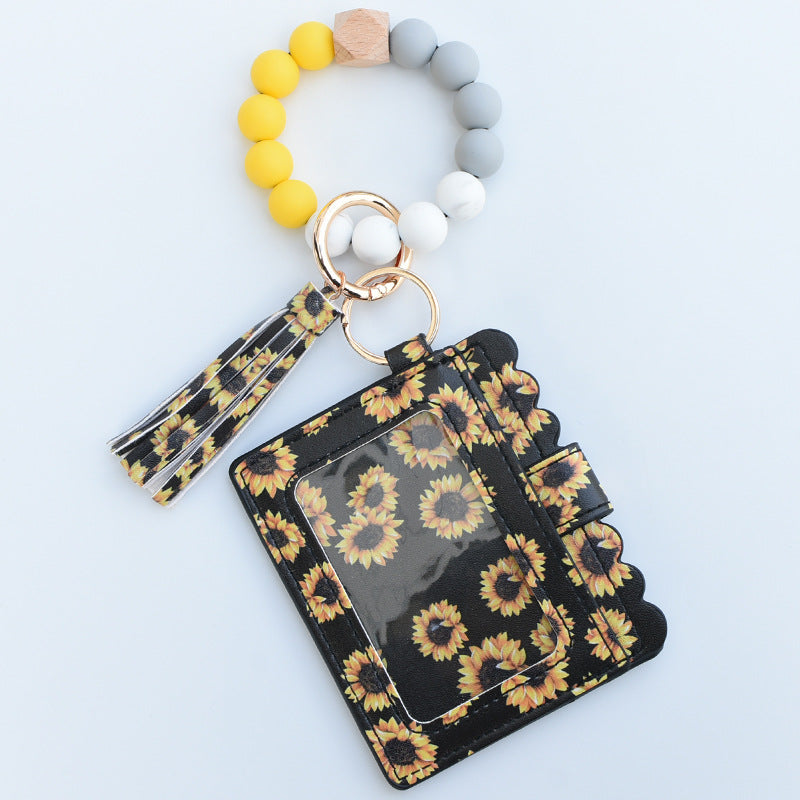 Fashion Leopard Silicone Beaded Keychain Bracelet with Tassel Wallet