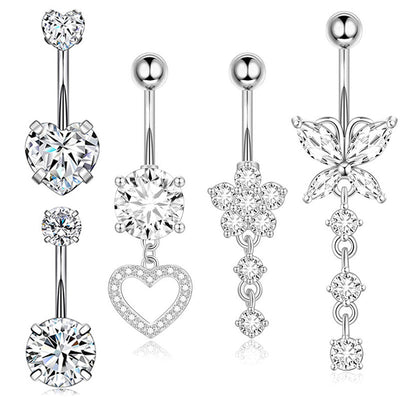 Heart Shape Belly Ring Set - 316 Stainless Steel with Inlay Zircon